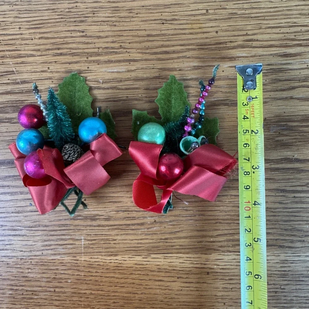 Vintage‎ Christmas Ornament Corsage Set Red Bow Flocked Holly Mini Pinecone